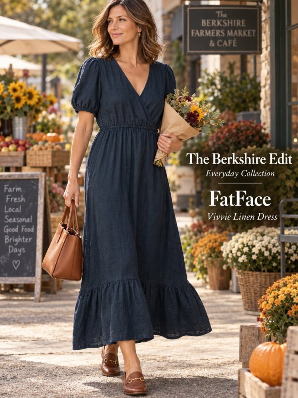 FatFace Vivvie 100% Linen Navy Midi Maxi Dress Puff Sleeve 10R
